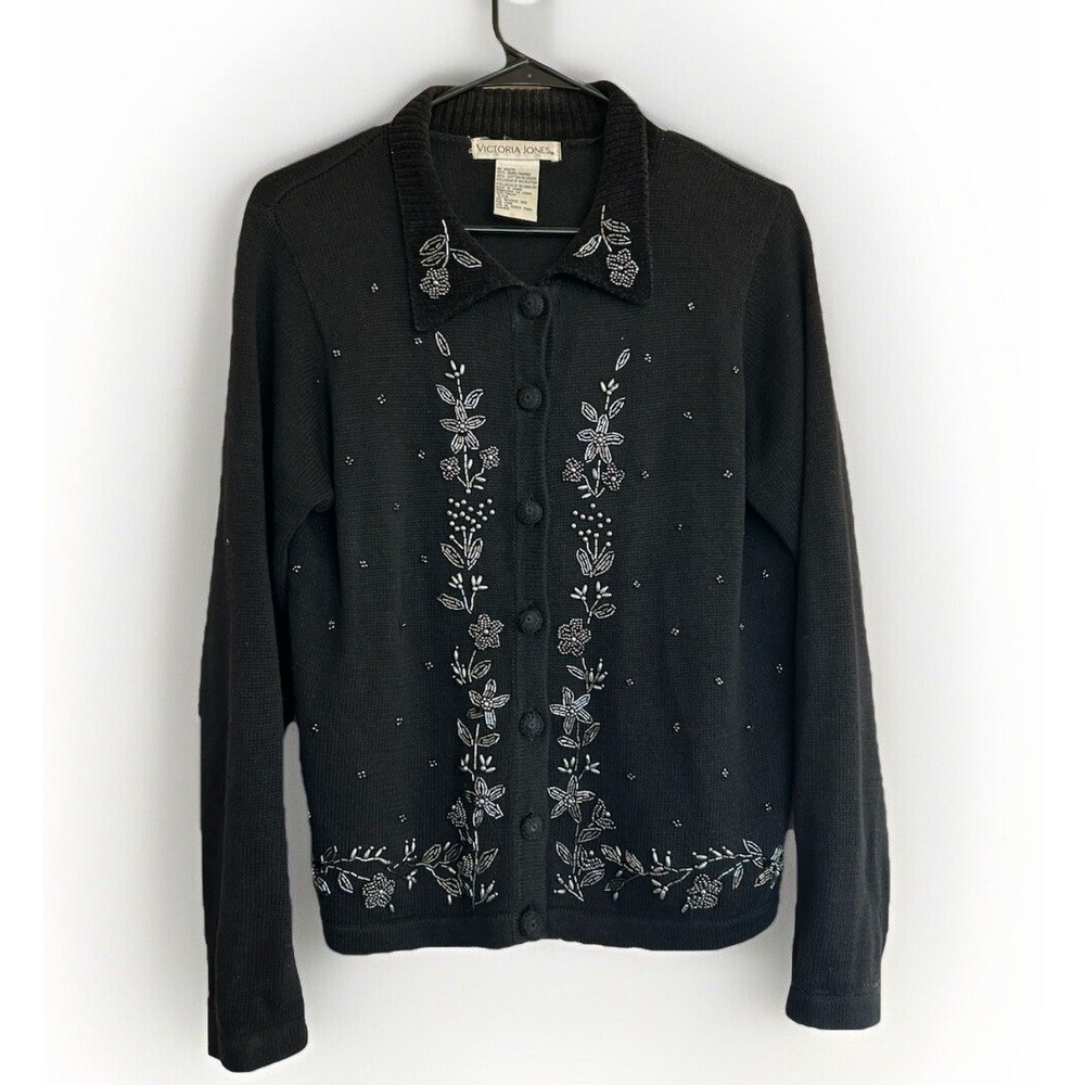 Vintage 90s Victoria Jones Cardigan Sweater S Floral Beaded Black Fairy Grunge